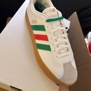 Adidas White Sneakers with Green and Red Accents